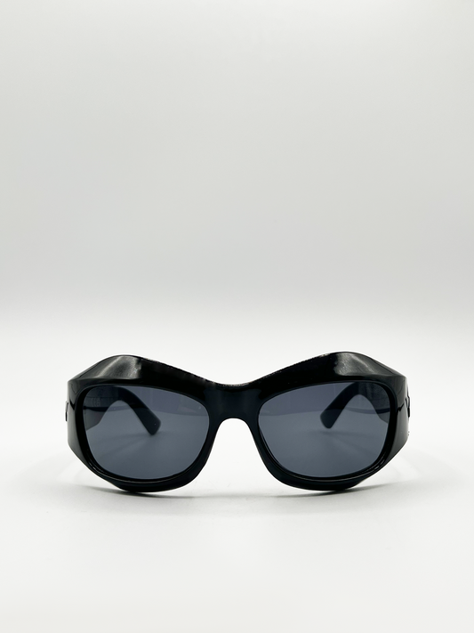Shiny Black Exaggerated Brow Racer Style Sunglasses with Black Lenses
