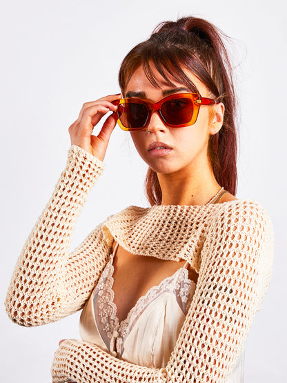 Brown Cat Eye Angular Sunglasses with Brown Lenses