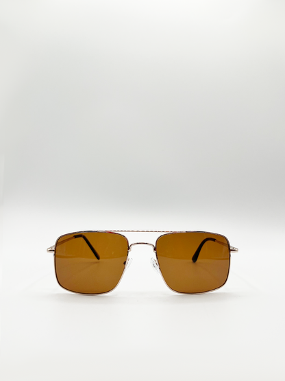 Gold Aviator Style Angular Sunglasses with Brown Lenses