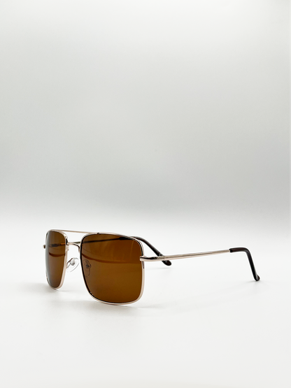 Gold Aviator Style Angular Sunglasses with Brown Lenses