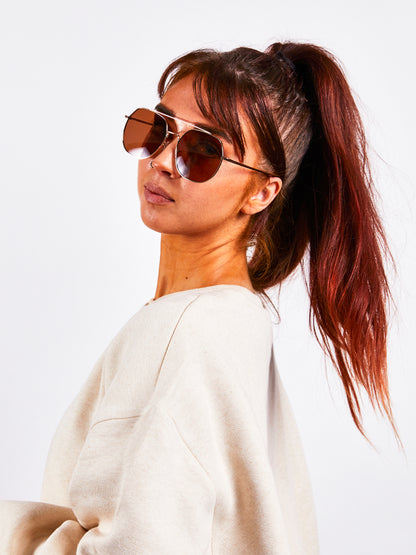 Oversized Aviator Style Sunglasses with Brown Lenses