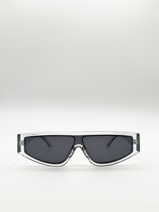 Clear Frame Oversized Racer Style Sunglasses with Black Lenses