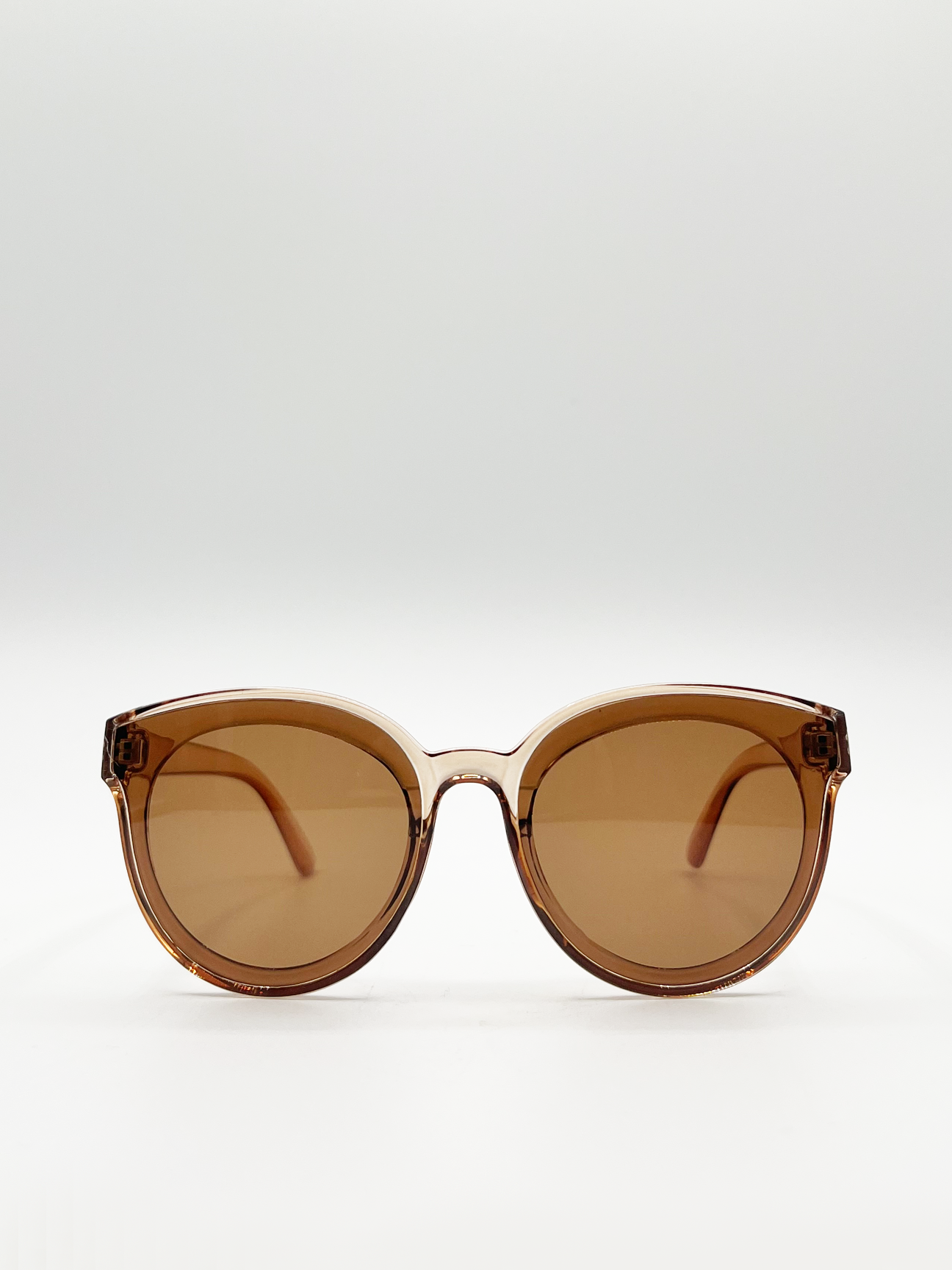 Sand Clear Frame Round Wayfarer Style Oversized Sunglasses with Brown Lenses