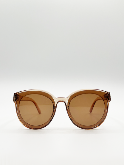 Sand Clear Frame Round Wayfarer Style Oversized Sunglasses with Brown Lenses