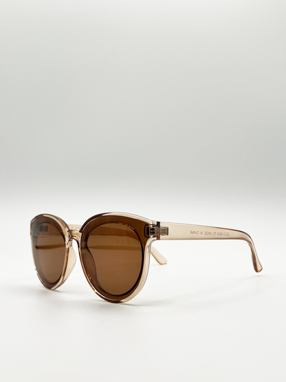 Sand Clear Frame Round Wayfarer Style Oversized Sunglasses with Brown Lenses