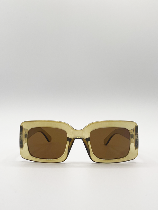 Clear Olive Retro Style Rectangle Sunglasses with Brown Lenses