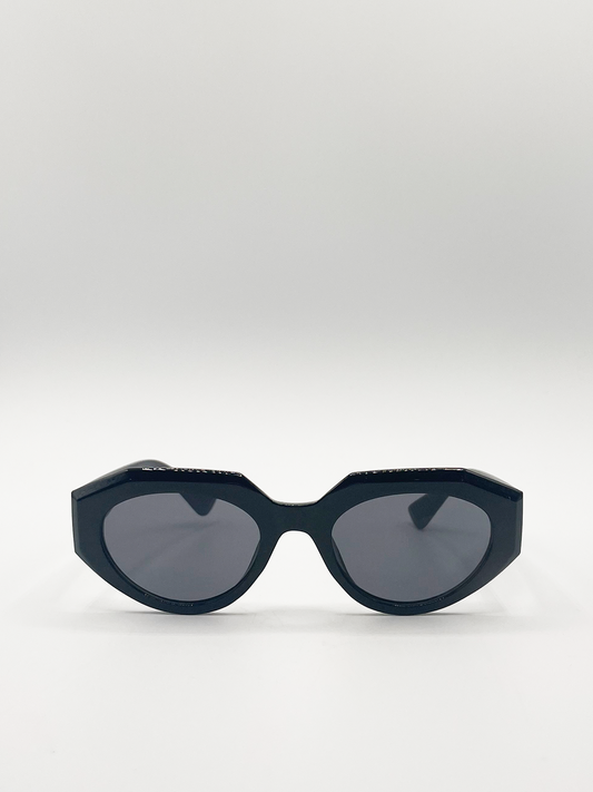 Black Angular Cat Eye Sunglasses with Black Lenses