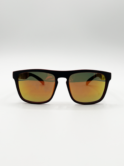 Matte Black Wayfarer Sunglasses with Orange Mirrored Lens