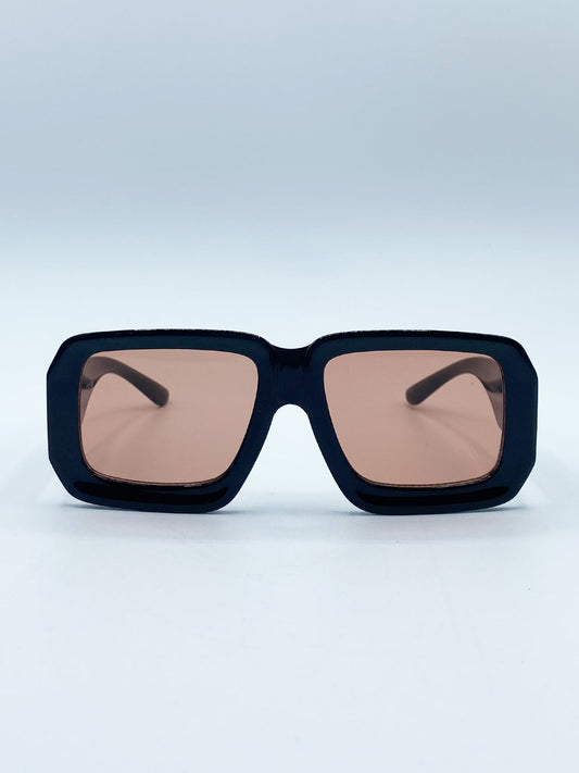 Oversized Square Frame Sunglasses In Black with Orange Lenses