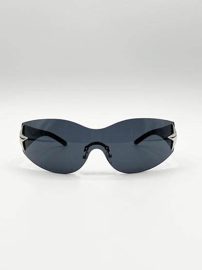 Wrap Around Racer Sunglasses with Star Hinge Detail in Black