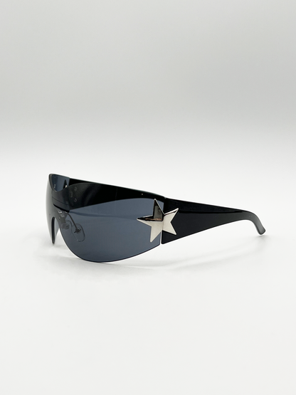 Wrap Around Racer Sunglasses with Star Hinge Detail in Black