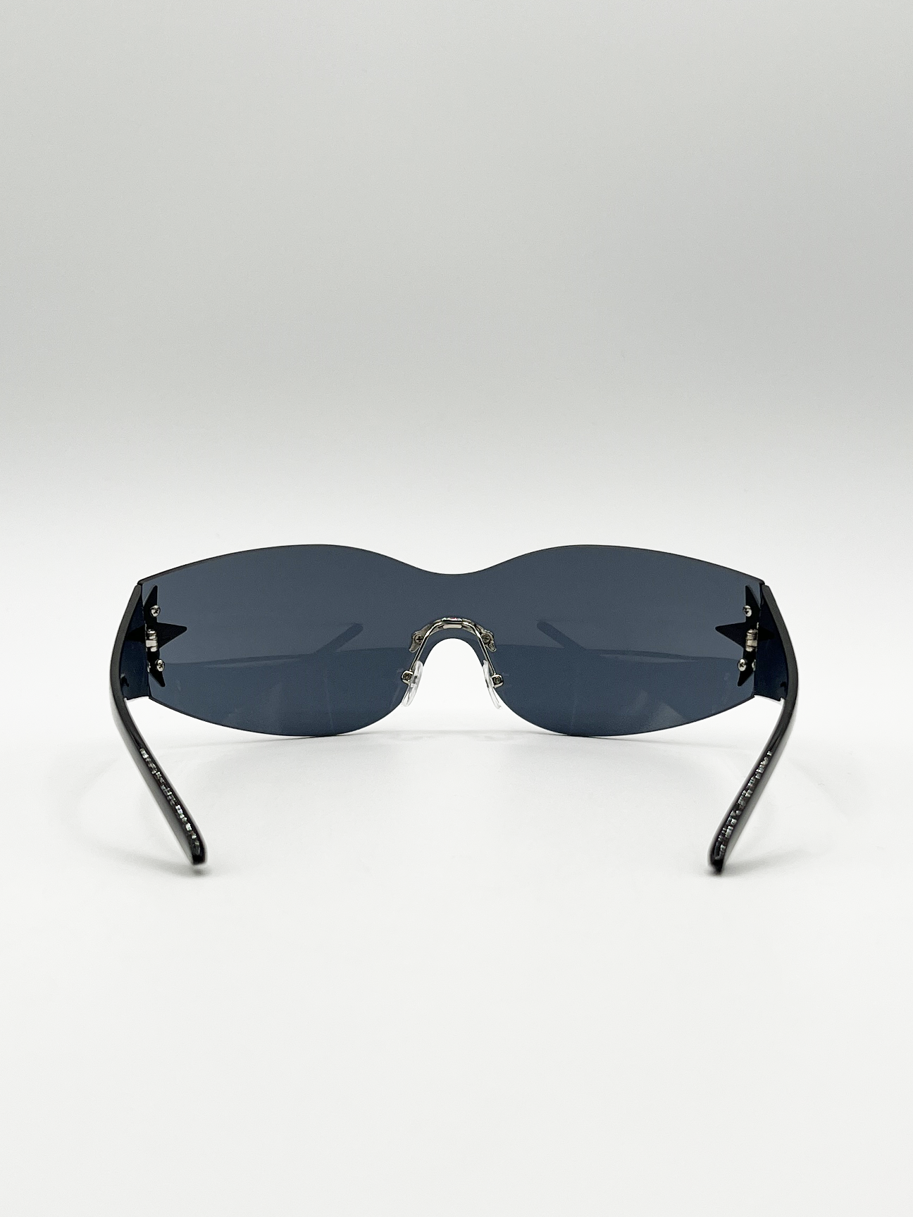 Wrap Around Racer Sunglasses with Star Hinge Detail in Black