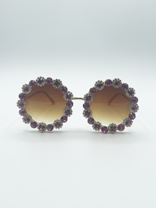 Round Floral Crystal Gem Sunglasses in Pink