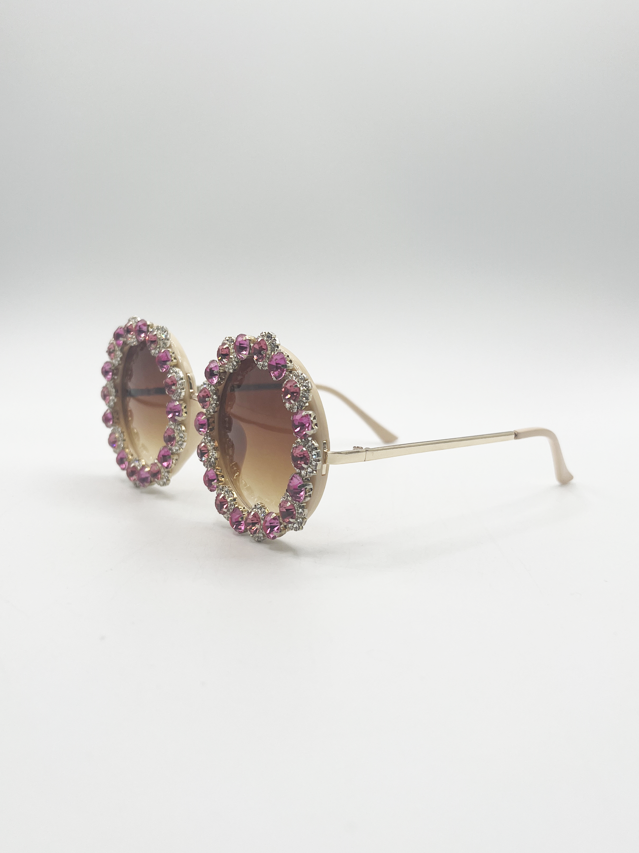 Round Floral Crystal Gem Sunglasses in Pink