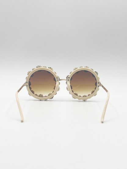 Round Floral Crystal Gem Sunglasses in Pink