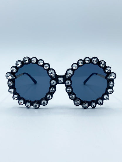 Round Floral Gem Novelty Sunglasses in Black