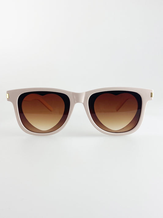 Cream Rectangle Sunglasses with Black Heart Lenses