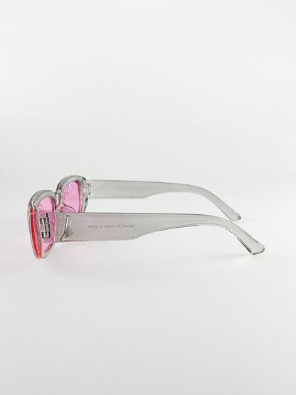 Retro Rectangle Sunglasses With Pink Lenses and Light Gray Frame