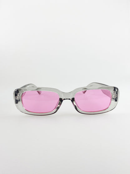 Retro Rectangle Sunglasses With Pink Lenses and Light Gray Frame