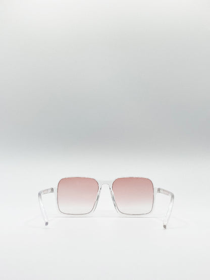 Square Sunglasses In Clear Frame and Peach Tinted Lenses