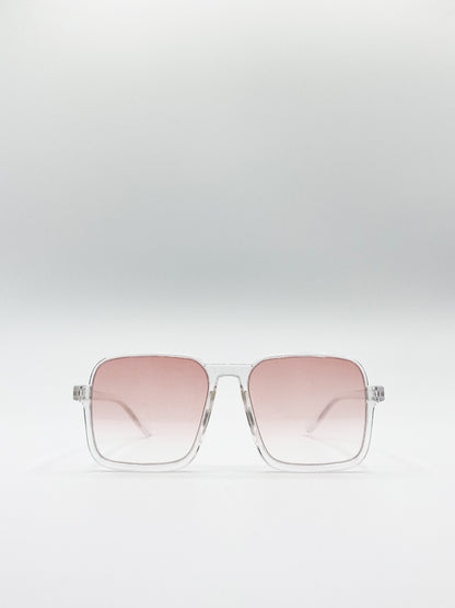 Square Sunglasses In Clear Frame and Peach Tinted Lenses