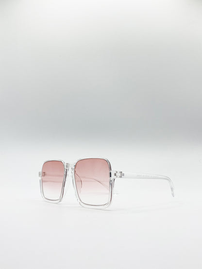 Square Sunglasses In Clear Frame and Peach Tinted Lenses