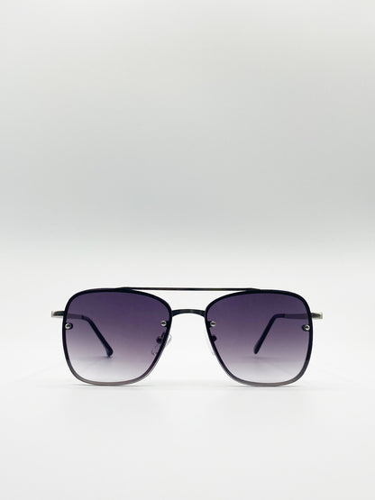 Silver and Black Frame Aviator Sunglasses with Smoke Lenses