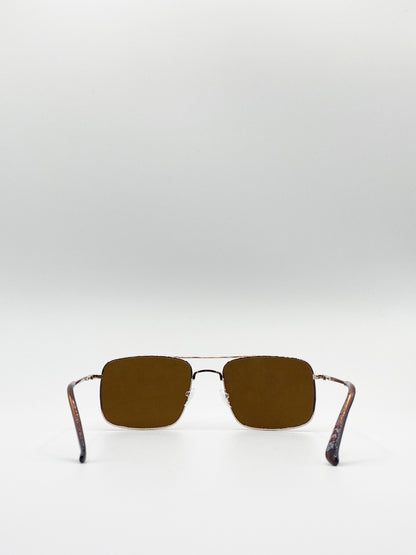 Gold 70's Collection Navigator Sunglasses With Brown Tinted Lenses