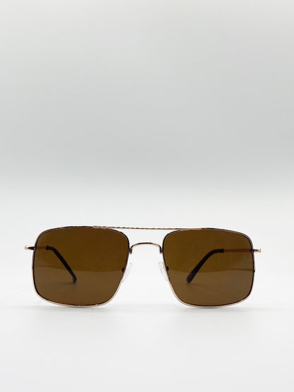 Gold 70's Collection Navigator Sunglasses With Brown Tinted Lenses