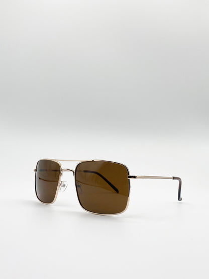 Gold 70's Collection Navigator Sunglasses With Brown Tinted Lenses