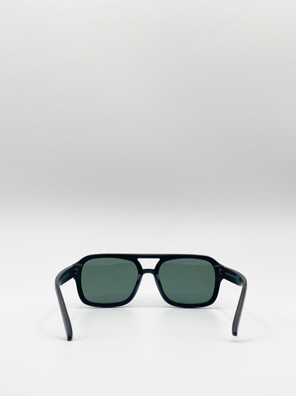 Matte Black 70's Navigator Sunglasses with Green Lenses