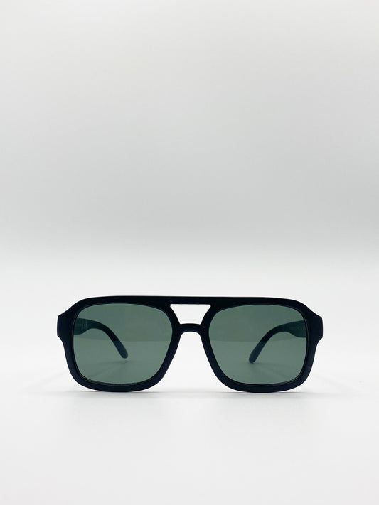 Matte Black 70's Navigator Sunglasses with Green Lenses