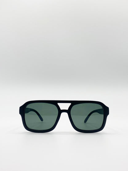 Matte Black 70's Navigator Sunglasses with Green Lenses