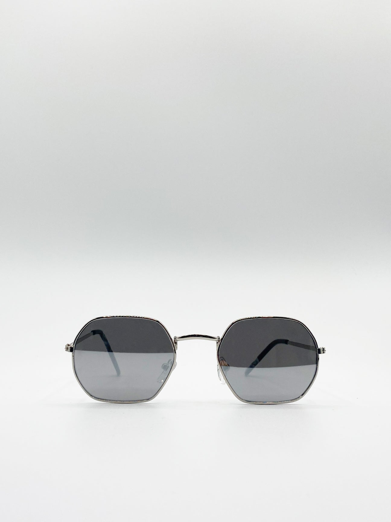 Hexagon Sunglasses Silver Frame with Silver Mirrored Lenses