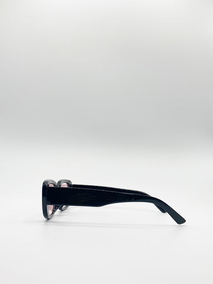 Retro Rectangle Sunglasses In Black With Pink Lenses