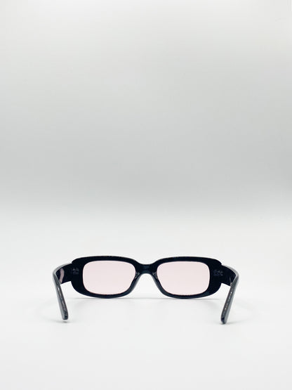 Retro Rectangle Sunglasses In Black With Pink Lenses