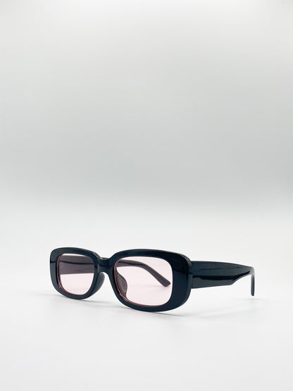 Retro Rectangle Sunglasses In Black With Pink Lenses