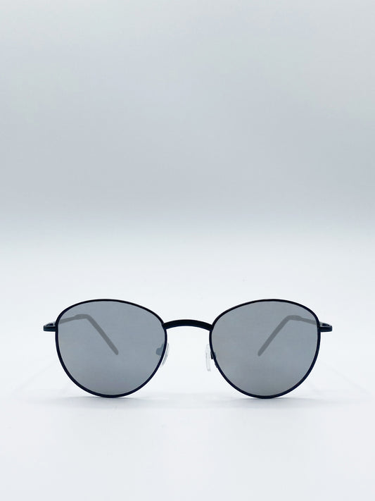 Classic Round Sunglasses In Matte Black With Silver Mirror Lenses