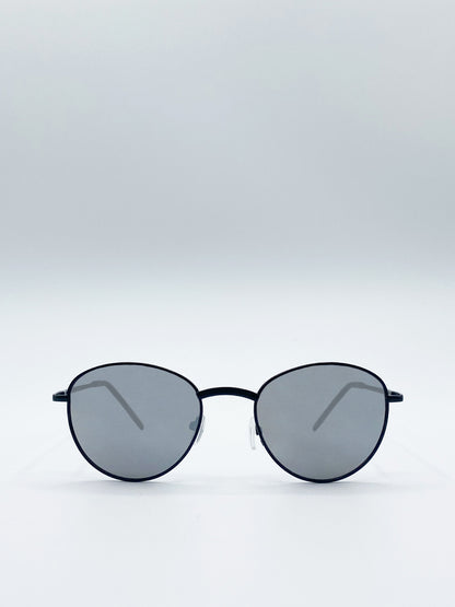 Classic Round Sunglasses In Matte Black With Silver Mirror Lenses