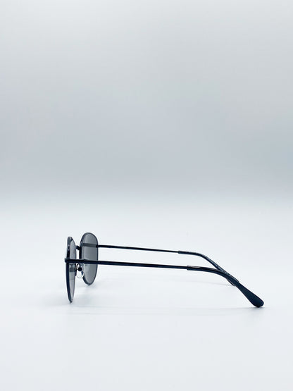 Classic Round Sunglasses In Matte Black With Silver Mirror Lenses