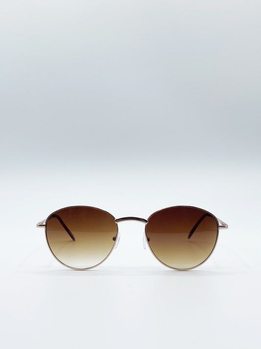 Matte Gold Round Sunglasses With Brown Grad Lenses