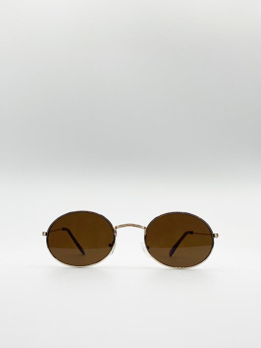 Gold Metal Round Sunglasses with Brown Lenses
