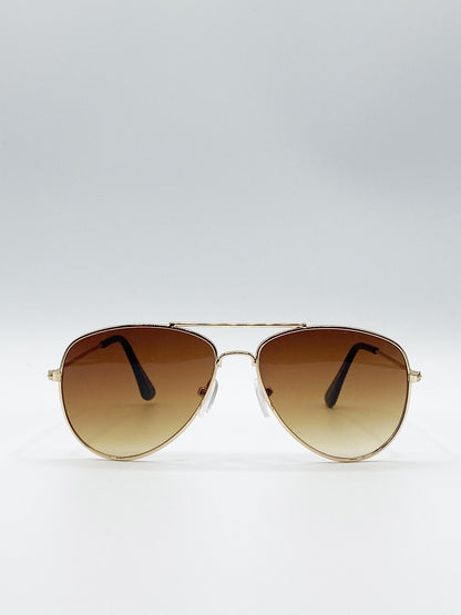 Kids Gold Frame Aviator Sunglasses With Brown Lenses