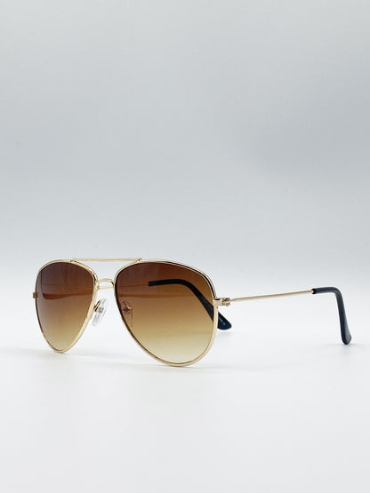 Kids Gold Frame Aviator Sunglasses With Brown Lenses