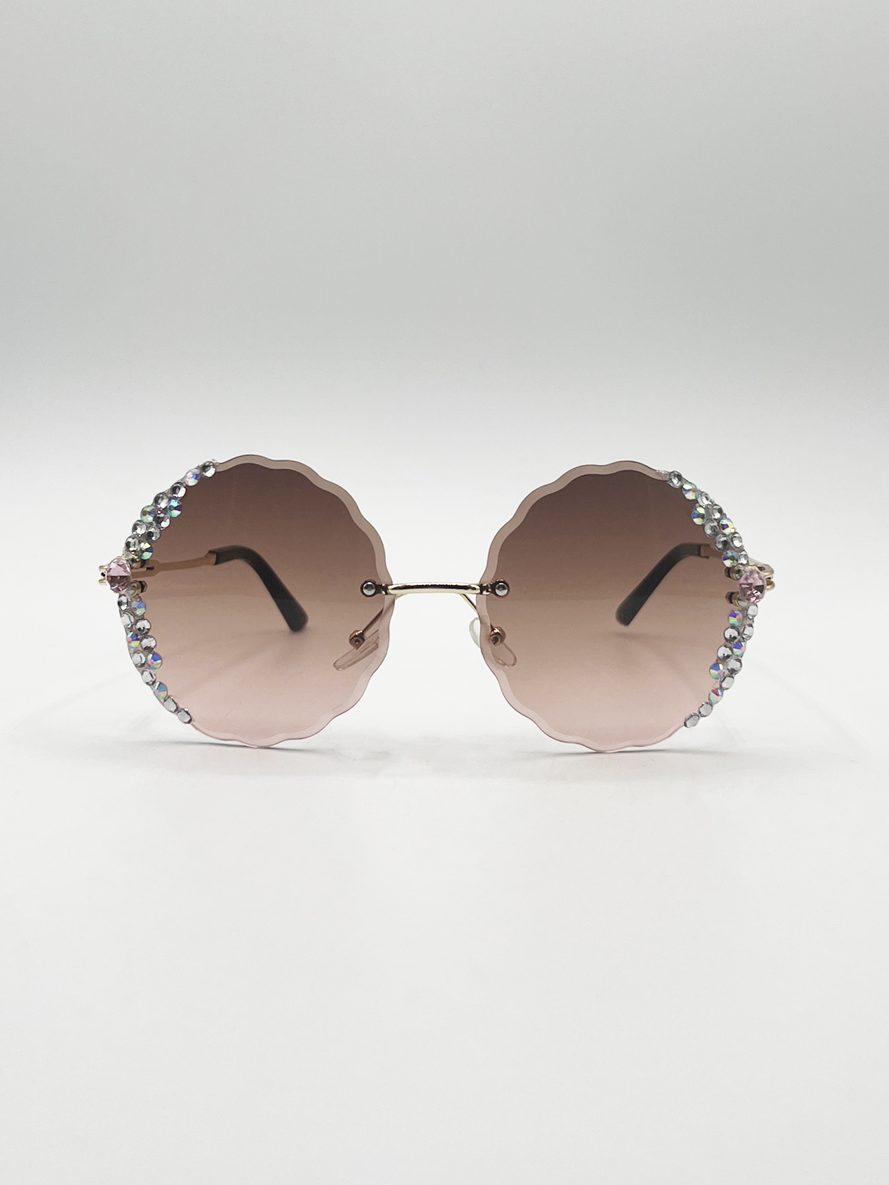 Oversized Round Frameless Sunglasses with Crystal Detail in Brown