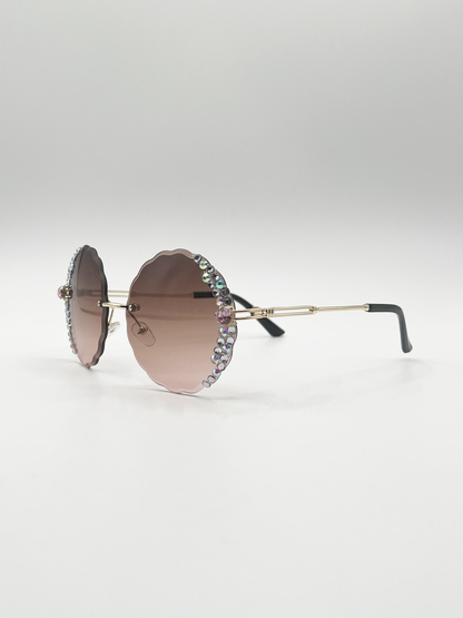 Oversized Round Frameless Sunglasses with Crystal Detail in Brown