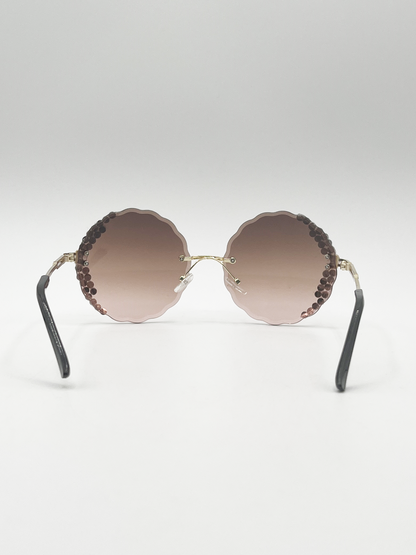 Oversized Round Frameless Sunglasses with Crystal Detail in Brown