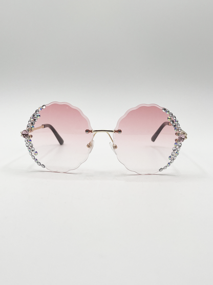 Oversized Round Frameless Sunglasses with Crystal Detail in Pink