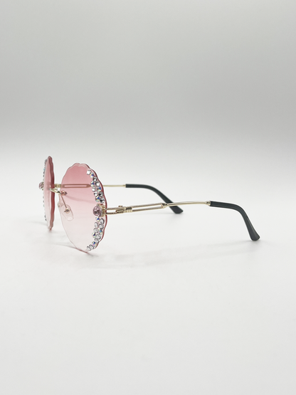 Oversized Round Frameless Sunglasses with Crystal Detail in Pink