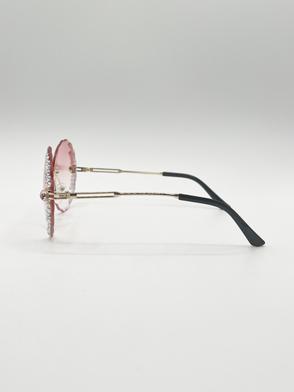 Oversized Round Frameless Sunglasses with Crystal Detail in Pink